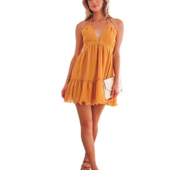 Lulus Dresses & Skirts - LULUS Sweet and Sunny Mustard Yellow Tiered Halter Babydoll Mini Dress|Medium
